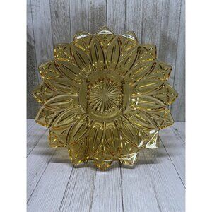Vintage Federal Amber Yellow Glass Sunflower Plate Sungold 16 Point Petal 11''